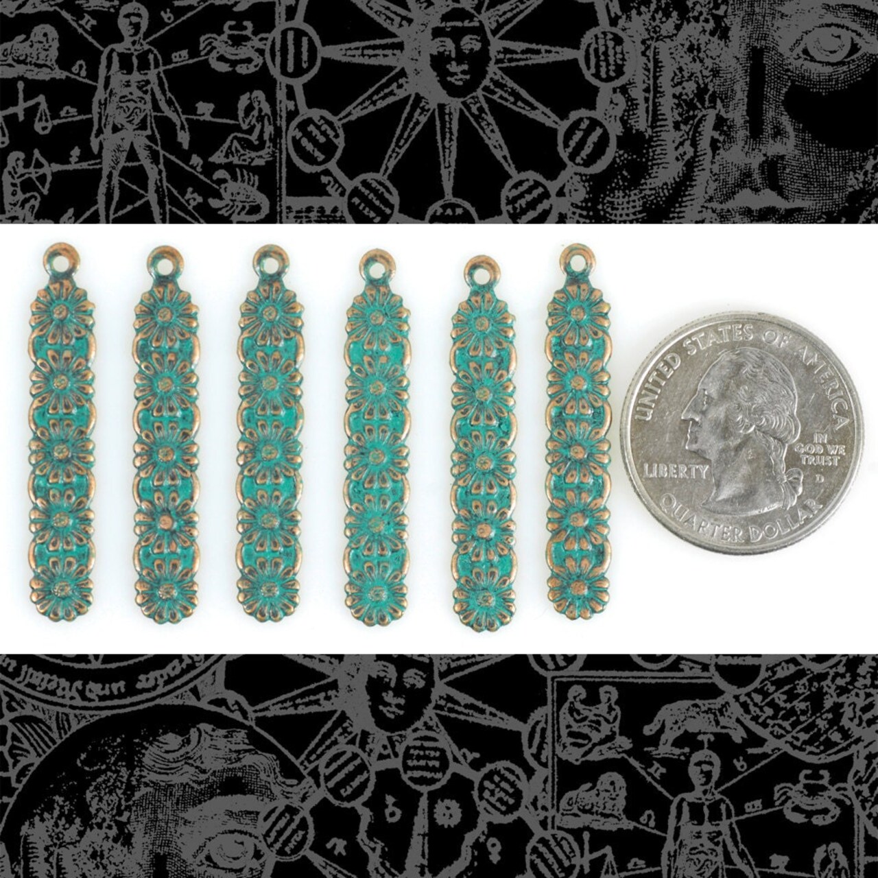 Verdigris Finished Brass Multi Floral Drop Charms - Set of Six - V-C116